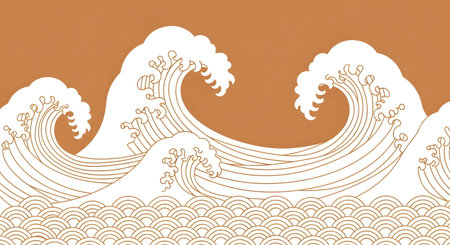 Detailed illustration of a traditional Japanese wave pattern with a brown background, showcasing intricate line work and design elements.のイラスト素材