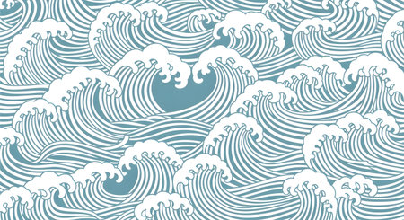 Detailed illustration of ocean waves in a Japanese style, featuring blue and white colors, creating an artistic and dynamic design.のイラスト素材