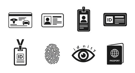 A collection of black and white vector icons representing various forms of identity and identification documents such as driver licenses ID cards badges fingerprints and passports.のイラスト素材