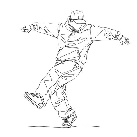 A minimalist line drawing of a hip-hop dancer performing a dynamic move, showcasing urban street style.のイラスト素材
