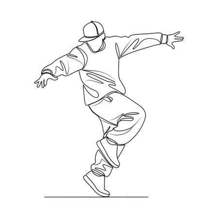 A detailed line drawing of a person in a dancing pose, wearing a cap and baggy clothing, showcasing a dynamic movement.のイラスト素材