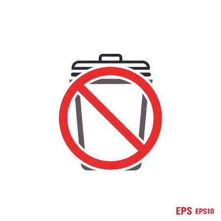 A red circle with a line through a trash can icon, symbolizing a no littering sign. Simple, clean design.のイラスト素材