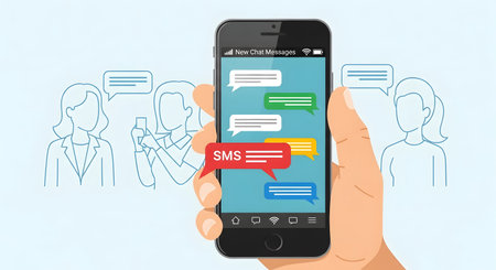 Image of a smartphone displaying a mobile messaging app with highlighted SMS notifications. Multiple chat bubbles are visible, indicating a group conversation or multiple individual chats.のイラスト素材