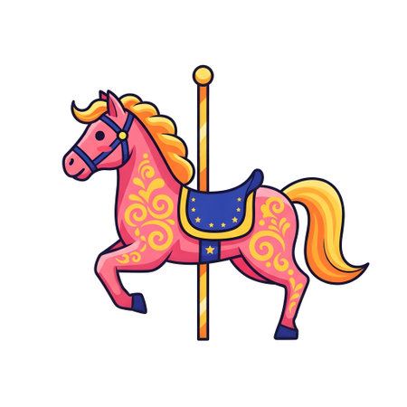 Cute and colorful illustration of a pink carousel horse with intricate floral patterns and a navy blue saddle. The horse is depicted in a side view, showcasing its detailed features.のイラスト素材