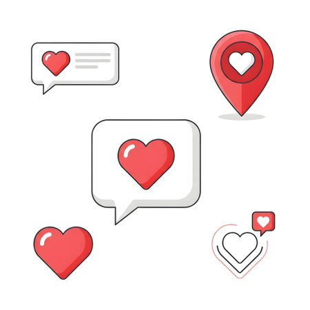 A collection of cute red heart icons, perfect for social media, apps, or websites. Includes heart in speech bubbles, map pin, and more.のイラスト素材