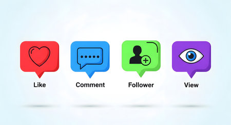 A set of four colorful icons representing key social media engagement metrics: likes, comments,...