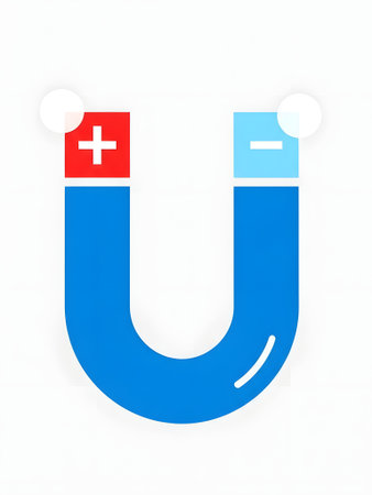 A stylized illustration of a blue U-shaped magnet with red and light blue ends representing positive and negative poles, respectively. Small white circles suggest magnetic fields.のイラスト素材