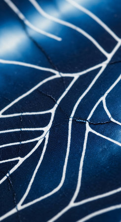 Close-up of an abstract pattern with organic, flowing lines in white against a deep blue background, suggesting natural forms.の素材