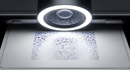 Futuristic device uses a powerful lens and ring light to scan a QR code, representing digital verification, data transfer, and modern security.の素材