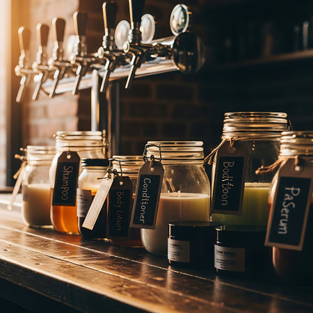 A close-up shot of a bar setup featuring various jars with labels, beer taps, and other items.の素材