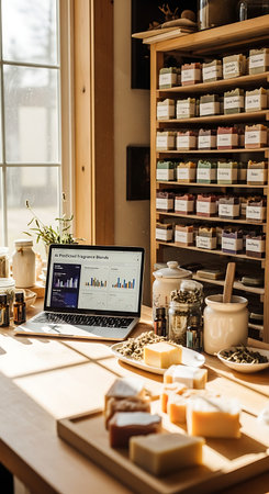 A bright workspace featuring a laptop displaying data, handcrafted soaps, and natural ingredients, showcasing the blend of technology and traditional craftsmanship in a small business setting.の素材