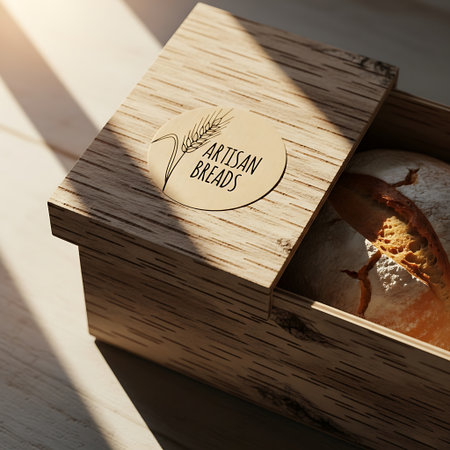 A close-up shot of a wooden box filled with artisan breads, illuminated by warm sunlight casting shadows.の素材