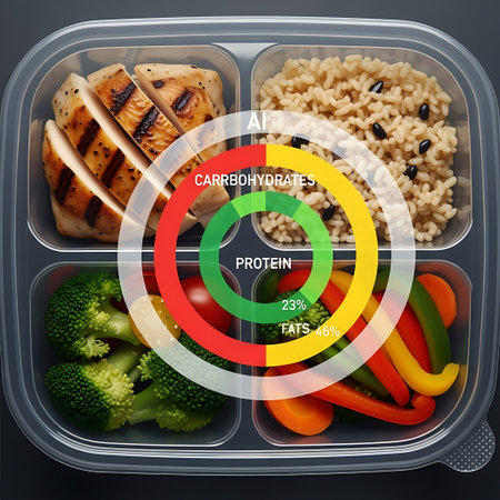 Meal prepping for a healthy lifestyle. This container holds a balanced diet of protein, carbs, and vegetables, with a digital overlay analyzing its nutritional content.の素材