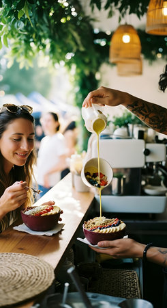 A person is pouring a sauce over a food bowl, with a customer smiling and looking at the food. The scene is set in a cafe.の素材