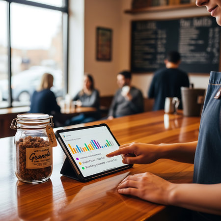 A woman analyzes data on a tablet in a cafe, with a jar of coffee beans nearby and other customers in the background.の素材