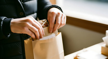 A person wearing a dark jacket is seen placing a purchased item into a brown paper bag. The focus is on the hands and the bag, with a soft, natural light source.の素材