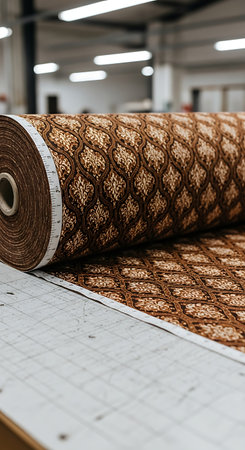 A detailed shot of a fabric roll with a repeating diamond pattern in brown and gold tones, sitting on a white surface.の素材