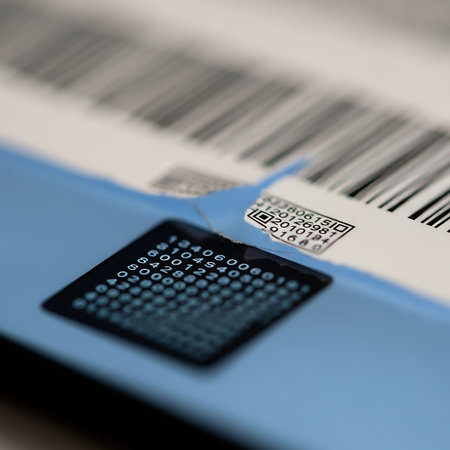 A detailed close-up shot of a product featuring both a traditional barcode and a square data matrix code, emphasizing the intricate details of modern inventory management and product tracking technol.の素材