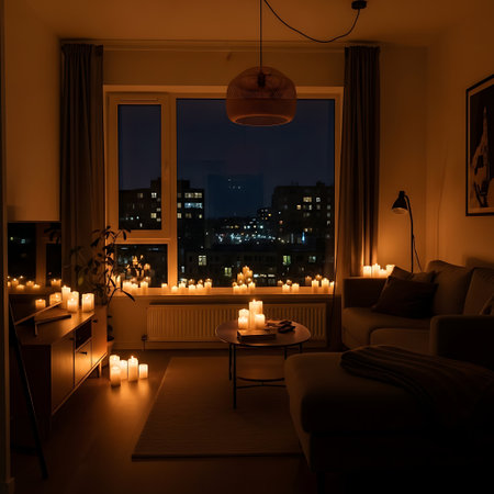 A tranquil and romantic living room filled with the warm glow of numerous candles on the windowsill and tables, with a city skyline visible at night through the window.の素材