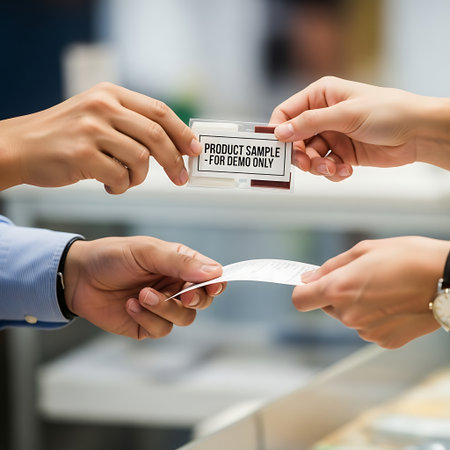 A close-up shot of two individuals' hands, one passing a small clear package labeled "PRODUCT SAMPLE FOR DEMO ONLY" to another, while a second pair of hands exchanges a blank white card below, sugges.の素材
