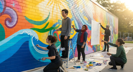 A group of volunteers collaborates on a community mural, painting a colorful wave design on a large wall, fostering creativity and community spirit.の素材