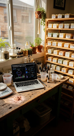 A sunlit workspace featuring a laptop, various containers, and shelves stocked with numerous small items, suggesting a home-based business or craft.の素材