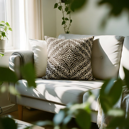 A warm and inviting living room scene featuring a comfortable light-colored sofa with a decorative black and white patterned cushion, illuminated by bright natural light streaming through a window, c.の素材