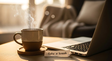 A warm and inviting scene of a steaming coffee mug next to an open laptop, with a small note saying 'take a break'.の素材
