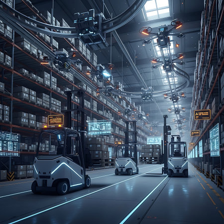 A high tech smart warehouse utilizing autonomous forklifts, flying drones, and advanced AI for efficient logistics, inventory management, and supply chain automation.の素材