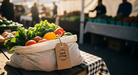 A vibrant bag of fresh vegetables at a bustling farmers market, showcasing the beauty and bounty of locally sourced produce.の素材