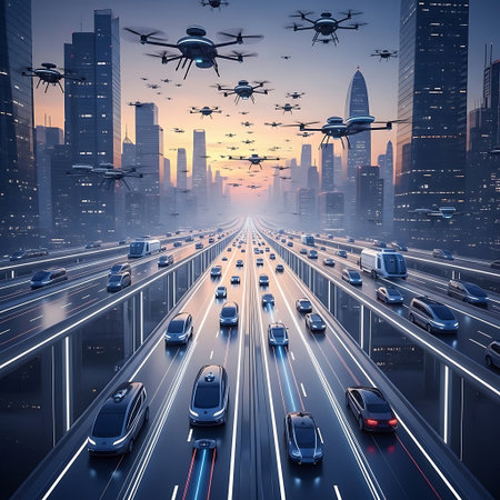A futuristic cityscape featuring self-driving cars on a multi-lane highway and numerous drones navigating the airspace above, showcasing advanced transportation technology.の素材