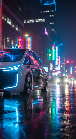 A sleek, futuristic car with neon lights is parked on a wet street, reflecting the vibrant city lights. The scene captures a sense of urban modernity and technological advancement.の素材