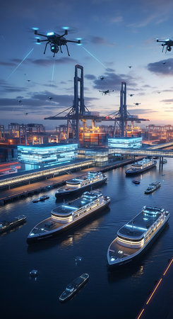 A vibrant cityscape featuring modern architecture, drones in flight, and various watercraft on the water at dusk, creating a futuristic atmosphere.の素材