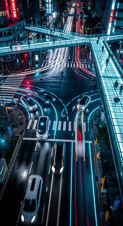 Aerial view of a bustling city intersection at night, showcasing vibrant neon lights, car light trails, and elevated pedestrian walkways.の素材