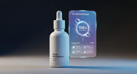 A sleek white cosmetic dropper bottle mockup paired with a futuristic transparent smartphone displaying a glowing user interface for advanced health or product analysis.の素材