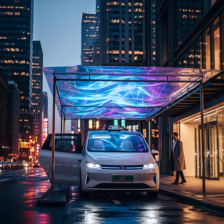 A modern electric minivan with its door open sits under a futuristic shelter with a vibrant light display, reflecting on the wet pavement of a city at night.の素材