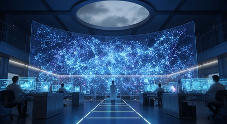 A high-tech control room with scientists observing a massive, glowing blue holographic display of complex data.の素材