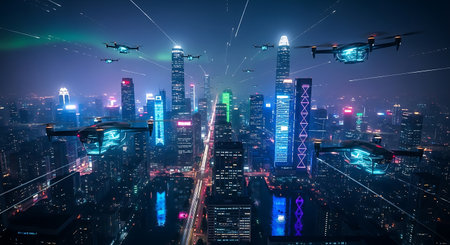 A stunning, detailed view of a futuristic city at night, featuring skyscrapers, flying vehicles, and vibrant neon lights creating a mesmerizing atmosphere.の素材