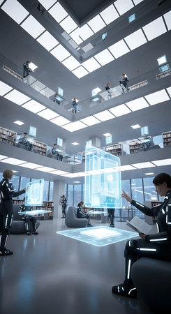 A modern laboratory with scientists interacting with a holographic display, showcasing advanced technology and research.の素材