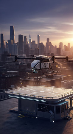A futuristic flying car rests on a rooftop helipad, set against a stunning cityscape at sunset, blending technology and urban life.の素材