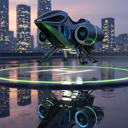 A sleek, futuristic flying motorcycle hovers above a glowing helipad in a modern city at twilight, with skyscrapers reflecting in the wet surface.の素材