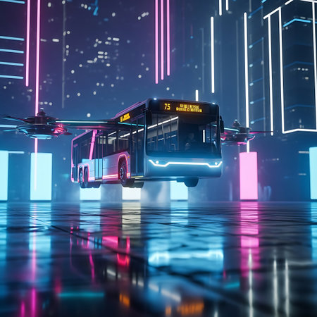 A futuristic bus with drone propellers soars through a neon-lit cityscape, reflecting in the wet ground, showcasing a concept for future urban transport.の素材