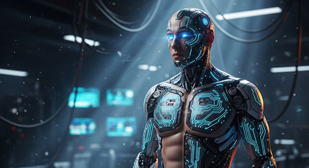 A detailed image of a cyborg with blue glowing eyes, set in a futuristic, high-tech environment with cables and screens.の素材