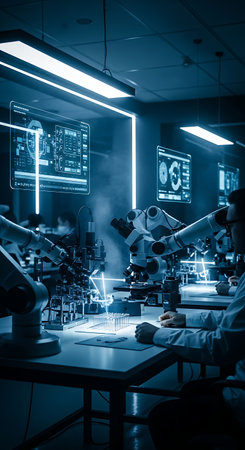 A dimly lit, high-tech science lab where researchers utilize advanced microscopes and robotic arms under cool blue neon lighting and holographic displays.の素材