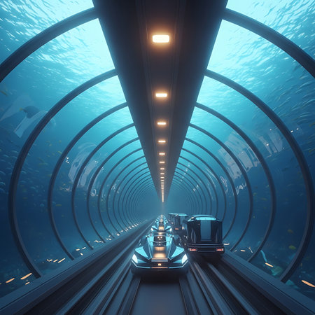 A high-speed train travels through a transparent underwater tunnel, showcasing advanced engineering and a unique blend of technology and nature.の素材