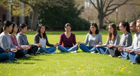 A diverse group of people sits in a circle on a green lawn, meditating together in a peaceful outdoor setting, promoting mindfulness and connection.の素材