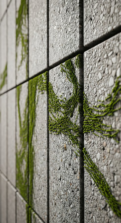 Close-up view of a tiled wall covered in vibrant green moss and glistening water droplets, creating a textured and organic pattern.の素材
