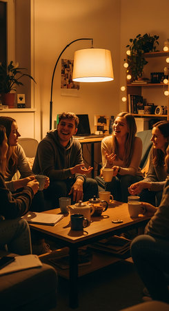 A diverse group of young adults laughing and playing a board game around a table, creating a cozy and fun atmosphere.の素材