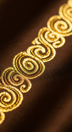 Close-up of golden swirls intricately patterned on a dark, textured fabric, creating a rich and elegant visual effect.の素材