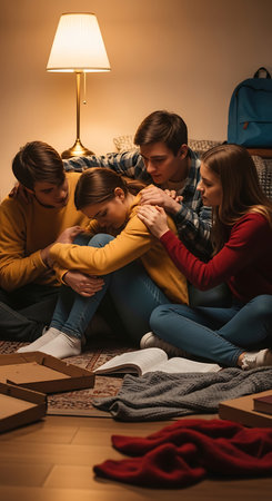 Four young people huddle together in a warm, lamp-lit room. They gently touch and console a friend who is crying, showing deep compassion and solidarity.の素材